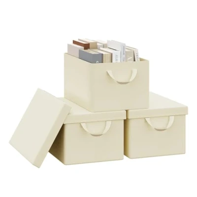 Image of WOLTU Storage Boxes Set of 3, Baskets, Cubes with Handles and Lid, Fabric Folding Baskets for Shelves in Bedroom, Study, Children&#039;s Room, Metal Frame, Cream, 38x20x27 cm