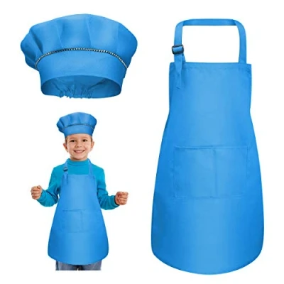 Image of kissral Kids Apron + Chef Hat Set, Children Adjustable Kitchen with Pockets for Cooking Baking Painting 4 12 Years Old (Blue, Large)