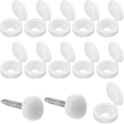 Image of 100 Pieces White Screw Caps Cover Plastic Hinged Screws Washer Flip Tops Fold Snap Covers for Number 6 and 8 Cabinets, Furniture, Shelf, Cupboards