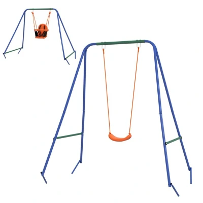 Image of Outsunny 2 In 1 Nursery Swing for Toddlers, Kids, Garden Set with Comfortable Seats, Safety Belt Indoor, Outdoor Play Blue and Orange