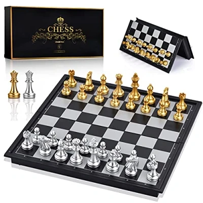 Image of OkidSTEM Magnetic Travel Chess Set with Folding Games Board and 2 Extra Queens &amp; Storage Bag for Kids Adults (Gold Silver)