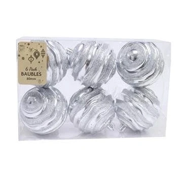 Image of 6 Pcs x 80 mm Christmas Tree Decoration, Baubles, Ornaments Shatterproof Balls for Xmas Hanging Decorations Angel Shiny,Matte,Glitter Decorated Baubles Silver Glitter Swirl
