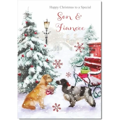 Image of doodlecards Son &amp; Fiancee Christmas Card Two Dogs in Snow Medium Size with Plain Red Envelope, 21 x 15cm
