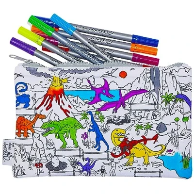 Image of eatsleepdoodle Dinosaur Colouring Pencil Case for Kids w/ 10pk Washable Markers 22x14cm Pouch