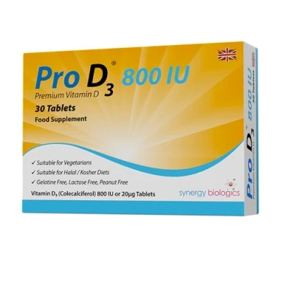 Image of Pro D3 800 IU Tablets Premium Vitamin 30 Gelatine Free, Lactose Dairy Nut Free Suitable for Vegetarians, Halal &amp; Kosher Diets Made in The UK