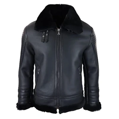 Image of TruClothing Mens Black Real Sheepskin Flying Jacket Zipped WW2 Pilot Winter Warm Coat 3XL