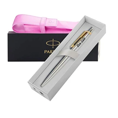 Image of PARKER Personalised Gifts for Him Engraved Ballpoint/Fountain Pen/Set Anniversary, Wedding or Gift Idea, men, woman With Pink Leather Pouch Free Engraving