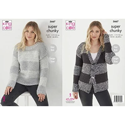 Image of King Cole Ladies Super Chunky Knitting Pattern Easy Knit Striped Sweater &amp; Cardigan (5667)