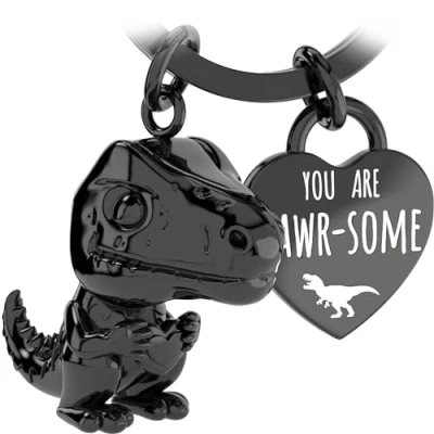 Image of LANOLU Dinosaur Mini Rex Keychain, Lucky Charm Keychain for Partner and Best Friend, Metal Couple Gift Figurine