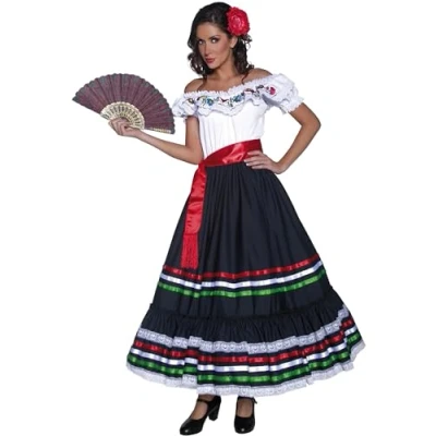 Image of Smiffys Authentic Western Sexy Senorita Costume, Black &amp; W with Dress and Sash, Cowboys Indians Fancy Dress, Up Costumes