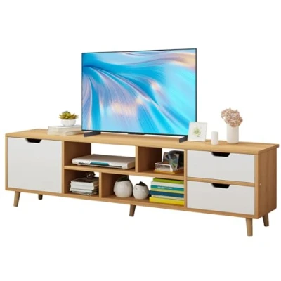 Image of TV Cabinet for TVs up to 55 Inches, 140 cm Wide Stand with 3 Drawers and Open Shelves, Unit, Living Room, Dining Bedroom, White (White &amp; Wooden)