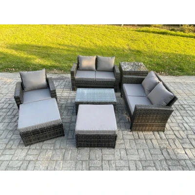 Image of Rattan Garden Furniture Set 7 Seater Patio Outdoor Lounge Sofa Chair with Rectangular Coffee Table 2 Big Footstool Side Dark Grey Mixed