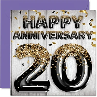 Image of Awesome China Anniversary Card for Husband Boyfriend Wife Girlfriend Black Gold Glitter Balloons Happy 20th Cards from Family, 145mm x Greeting Twentieth Anniversaries