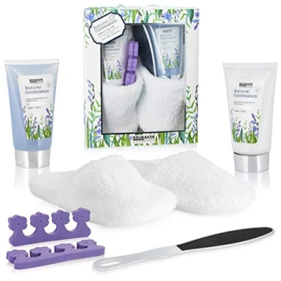 Image of BRUBAKER Cosmetics Bath and Foot Care Set Incl. 1 Pair of White Teddy Plush Slippers Lavender &amp; Sage Mint Extracts Beauty Gift Women
