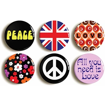 Image of 6 x&quot;SIXTIES HIPPIE&quot; FANCY DRESS BADGES BUTTONS PINS (1inch/25mm diameter)