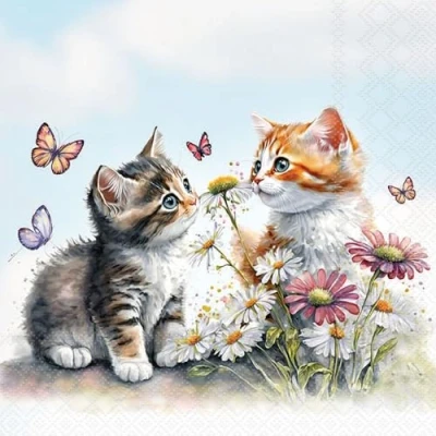 Image of 20 Napkins Animals Cats on Flower Bed Table Decoration Paper with Motif Also for Decoupage and 33 x cm
