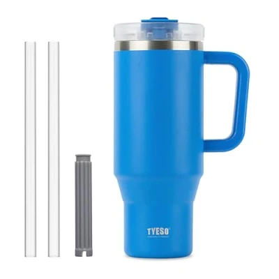 Image of Tumbler with Straw and Lid, 40oz Insulated Travel Cup Straw, Double Wall Stainless Steel Iced Coffee Cup, Leak Proof Mug, Large Handle (Klein Blue)