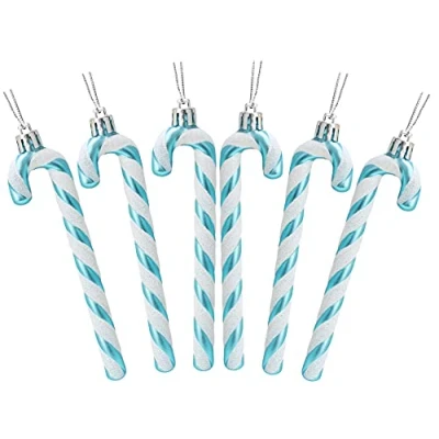 Image of Christmas Concepts® Pack Of 6 13cm Glitter Candy Cane Tree Decorations (Turquoise &amp; White)