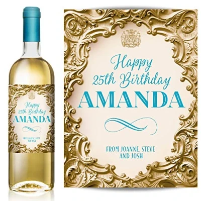 Image of TigerMill Publishing Personalised Gold Effect Wine Labels for Any Occasion or Event, Birthday, Wedding, Engagement, Anniversary, Hen Night, Christmas, Congratulations etc (Gold/Blue Type)