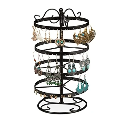 Image of Relaxdays Earring Holder Iron 168 Slots Rotating Stud Earrings and Long H x D 30 16.5 cm Black