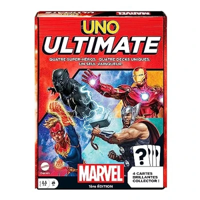 Image of UNO Ultimate Marvel Card Game, Superhero Design, Captain Marvel, Iron Man, Black Panther, Thor, Special Rules, Hazard Cards, Collector&#039;s Foil Ages 7+, HVM25