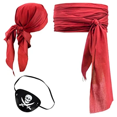 Image of 3 PCS Halloween Pirate Costume Women Men Head Scarf Hat Accessories Sash Belt Bandana Headband Waist (Red)