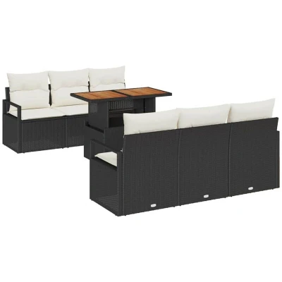Image of vidaXL 7 Piece Garden Sofa Set with Cushions Black Poly Rattan