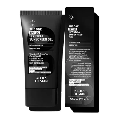 Image of Allies of Skin The One SPF 50 Invisible Sunscreen Gel with Vitamin C, Green Tea, Carrot Seed, Red Raspberry Seed Oil &amp; Licorice Root, and 5 Antioxidants Conditioners. ml/ 1.7 oz