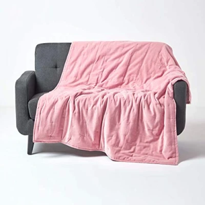 Image of HOMESCAPES Blush Pink Velvet Throw Super Soft Thick Cotton Blanket with Handwoven Embroidered Dots and Quilting Reversible Bedspread Cosy Warm Bed or Sofa Throw, 125 x 150 cm