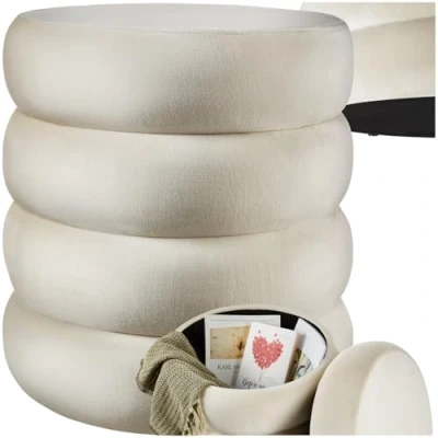 Image of TecTake® Storage Stool in Scandi Style with Cover Velvet Look &amp; Space, Ottoman Padded Seat Sturdy MDF Frame, No Assembly, Footstool for Bedroom Living Room Cream/White
