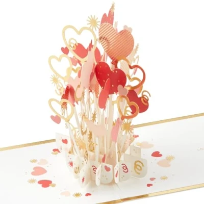 Image of Hallmark Valentines Card, Day 3D &amp; Pop Up, Flowers, Hearts, Balloons, Red, White, Pink
