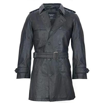 Image of Mens Black German Military WW2 Vintage Long Trench Coat Genuine Leather Jacket S