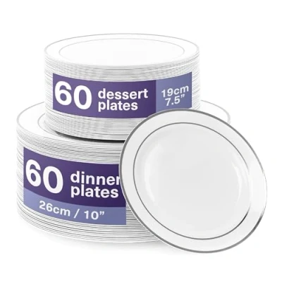 Image of MATANA 120 Premium White Plastic Plates with Silver Rim 60 26cm Dinner Plates, 19cm Side Elegant, Unbreakable &amp; Reusable for Weddings, Birthdays, Picnic, Parties
