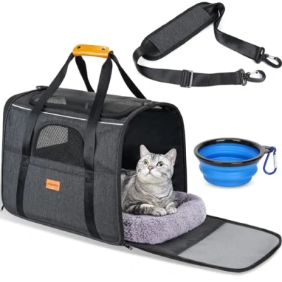 Image of Morpilot Pet Carrier Bag, Portable Cat Bag Top Opening, Removable Mat and Breathable Mesh, Foldable Transport for Dogs Cats, with Shoulder Strap Bowl, Black