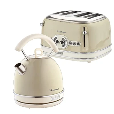 Image of Ariete ARPK39 Retro Style Dome Kettle and 4 Slice Toaster Set, Vintage Design, Cream, Stainless Steel