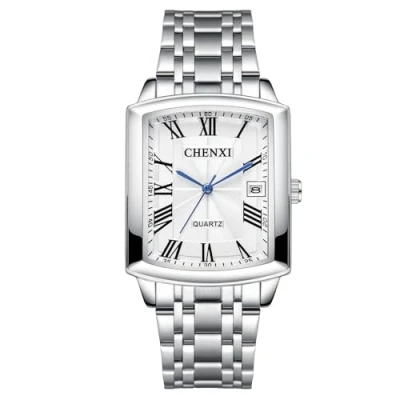 Image of JewelryWe Stainless Steel Square Watch: Silver Analog Quartz Calendar Wristwatch White Dial Waterproof Casual Business Watches for Men