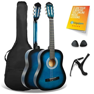 Image of 3rd Avenue XF 3/4 Size Junior Kids Classical Spanish Starter Beginner Pack Acoustic Guitar with Nylon Strings, Gig Bag, Capo and Picks Blue