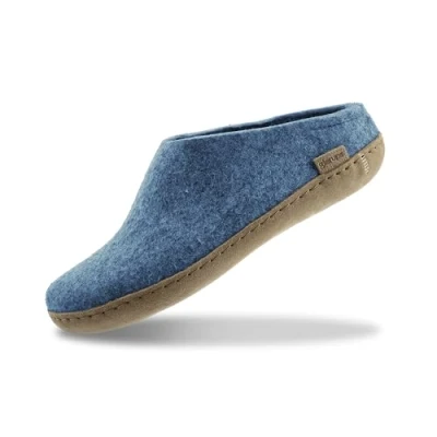 Image of GLERUPS Slip on Slippers Women and Men (Blue) Unisex Wool with Leather Sole Comfy Cosy Gents Ladies