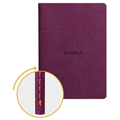 Image of RHODIA 116410C Soft Notebook with Purple Textile Stitching A5 Lined 64 pages Ivory Clairefontaine Paper 90 g/m Faux Leather Cover Rhodiarama Collection