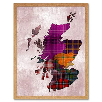 Image of Wee Blue Coo Scotland Map Tartan Regions Art Print Framed Poster Wall Decor 12x16 inch