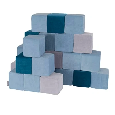 Image of KiddyMoon Soft Foam Velvet Cubes Building Blocks 14Cm For Children Montessori Toy Babies, Certified Made In EU, 24 Pieces, Cubes:Lagoon Turquoise Ice Blue Grey Mountains