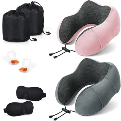 Image of SOMLAW Aeroplane Neck Pillow, Set of 2 Travel Pillows, Memory Foam, Ergonomically Designed Pillow with Sleeping Mask, Earplugs, Bag, Ideal for Travel, Plane, Car, Office