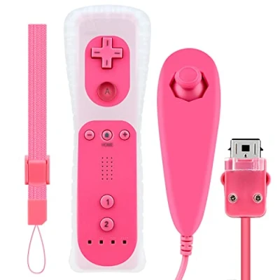 Image of OSTENT Motion Sensor Remote Controller + Wired Nunchuck Combo Compatible for Nintendo Wii Console Color Pink