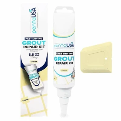 Image of PentaUSA Tile Grout Repair Kit 8.8 oz Cream Color Premix Paint Tube with Applicator Spatula Restore and Renew Joints, Easy to Use, Fast Drying Odorless Formula (Cream 8.8oz 250gr)