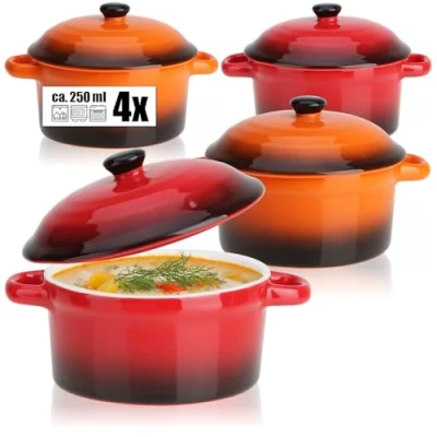 Image of COM FOUR® 4X Casserole Dish with lid Made of Ceramic Dessert Bowl for e.g. Ragout fin in Orange and red, 250/175 ml per (4 Pieces Orange. red)