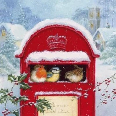 Image of 20 Napkins Winter Birds in Letterbox Animals Christmas Table Decoration 33 x cm