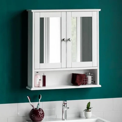 Image of Bath Vida Double Door Bathroom Cabinet, Wood, White, Mirrored Wall Mounted Storage Furniture