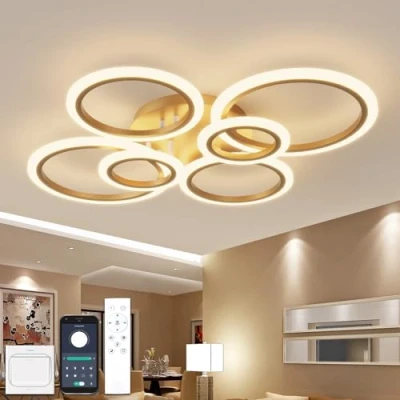 Image of YOLEDY Chandeliers Ceiling Light with Remote Control &amp; APP, LED Fittings Ceilings 6 Rings, Dimmable, Memory Timer, Modern Lights Living Room Hall Lounge Bedroom, Gold