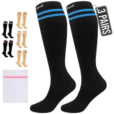 Image of 360 RELIEF 3 Pairs Compression Socks for Women Men, 15 20 mmHg Supports Blood Circulation, Travel Flight Socks, Varicose Veins, Pregnancy Stockings XXL, Black with 2 Blue lines + Laundry Bag