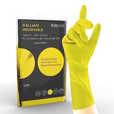 Image of Unigloves Allsafe UGHG3002Y Natural Latex Household Gloves, Yellow, Small, Pack of 2
